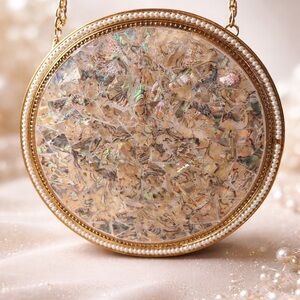 Round Iridescent Shell Mosaic Crossbody Bag with Pearl Trim
